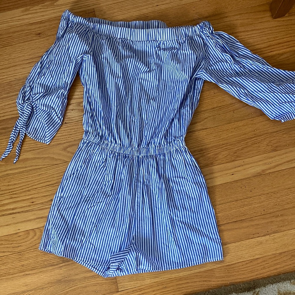 Aqua blue/white striped off-the-shoulder romper